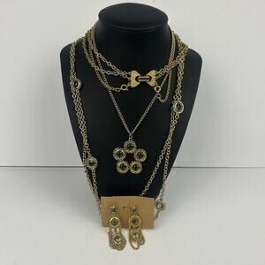 VTG Celebrity Style Multi-Chain Gold Tone Jewelry Set with Brown Glass Stones